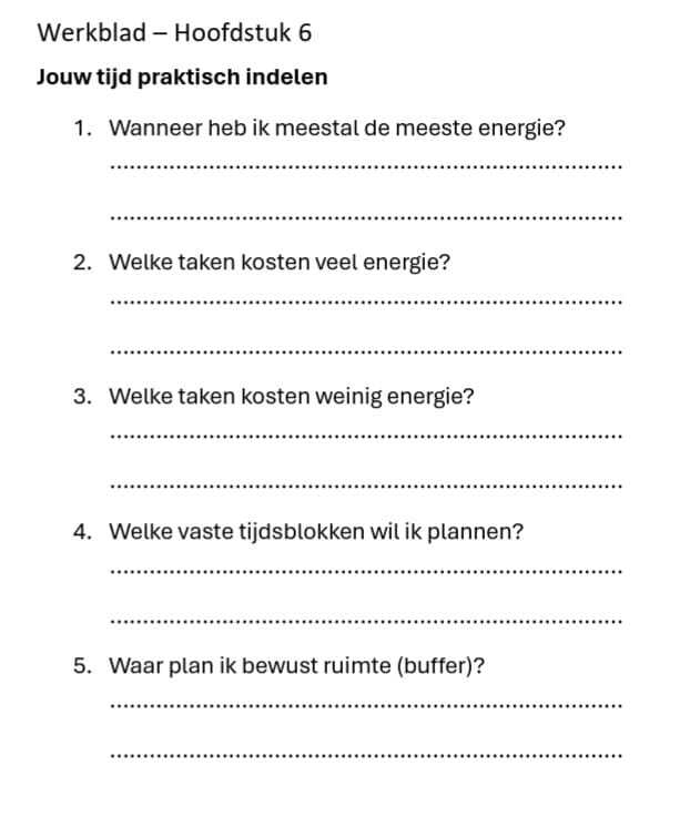 Voorbeeldpagina uit de Leefstijl Succesplanner — werkblad voor energie